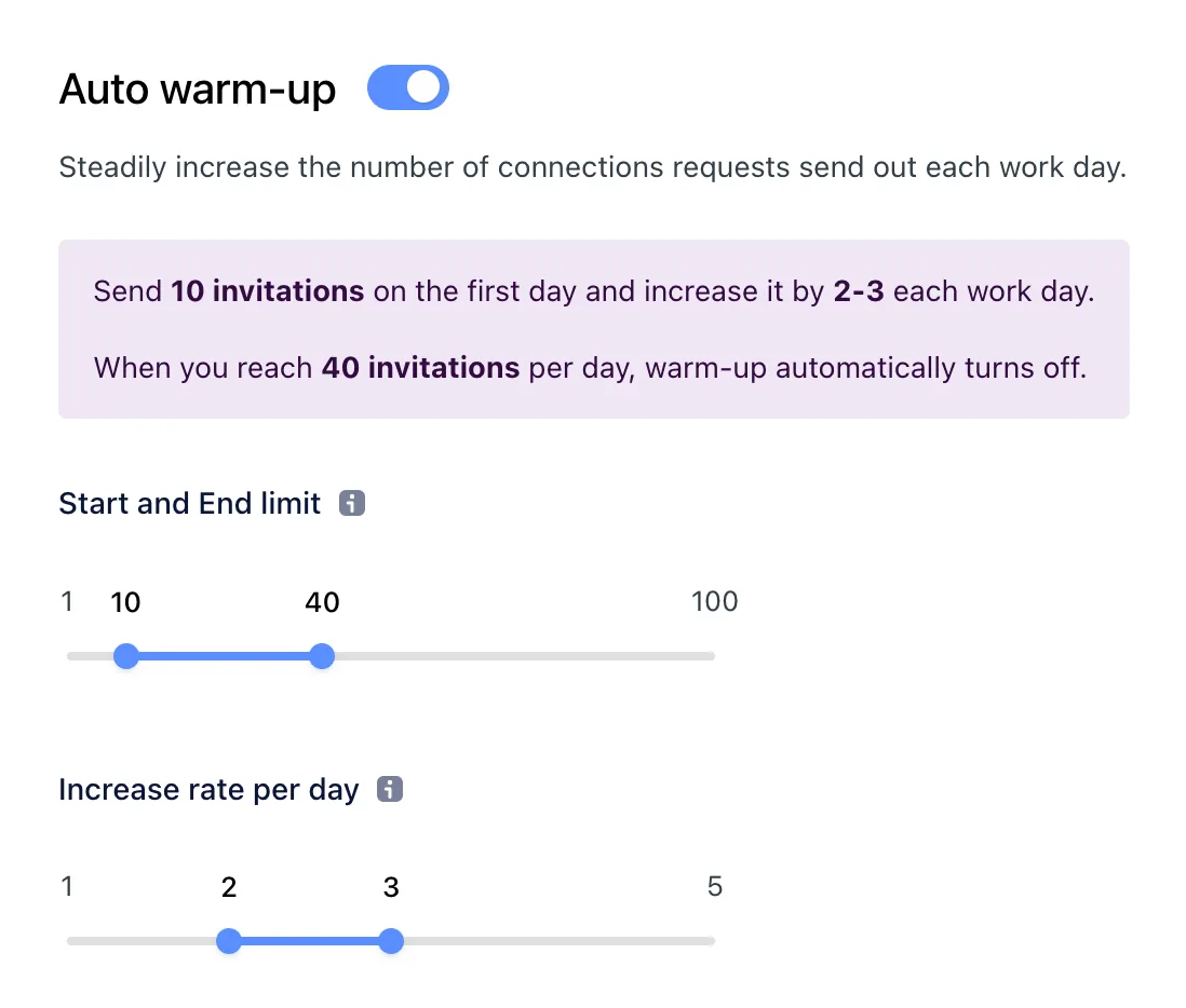Auto warm-up with start and end limit and increase rate per day sliders