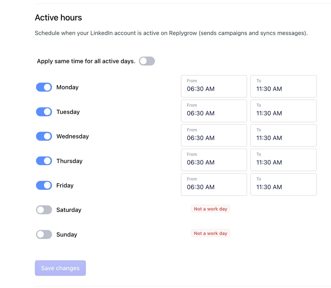 Active hours schedule with From and To times for each weekday