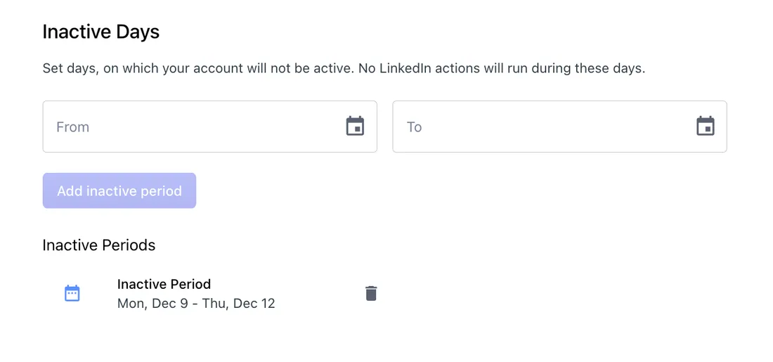 Inactive days form with an inactive period listed