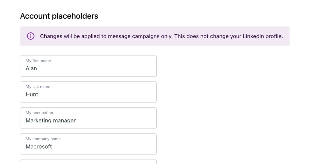 Account placeholders with my first name, last name, occupation and company name