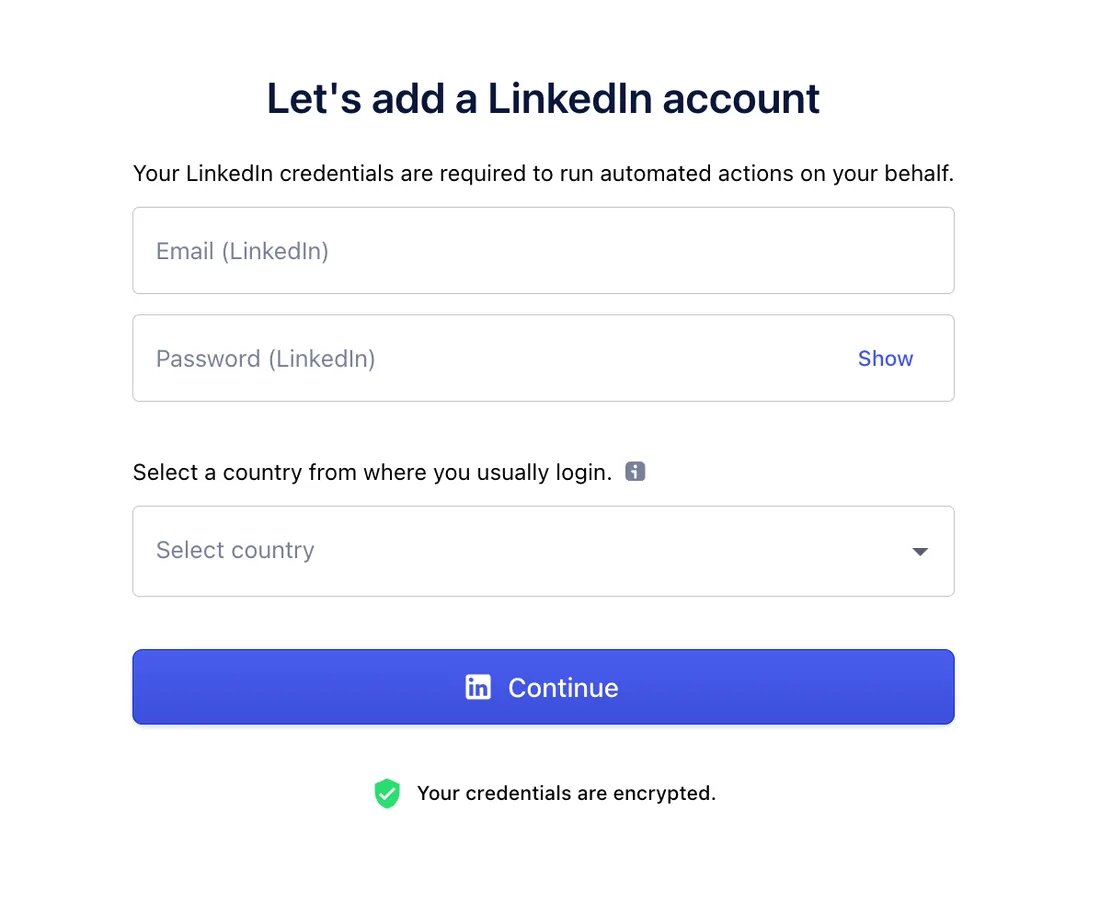 Add a LinkedIn account form with email, password and country fields