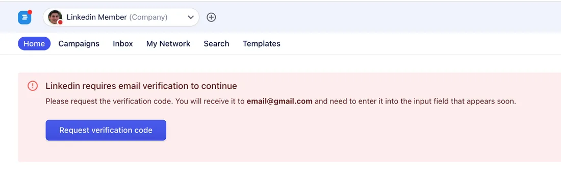 Dashboard banner asking to request a LinkedIn verification code