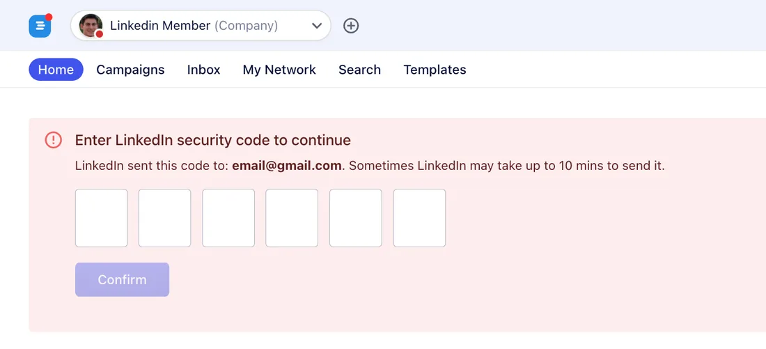 Banner with six boxes for the LinkedIn security code and a Confirm button
