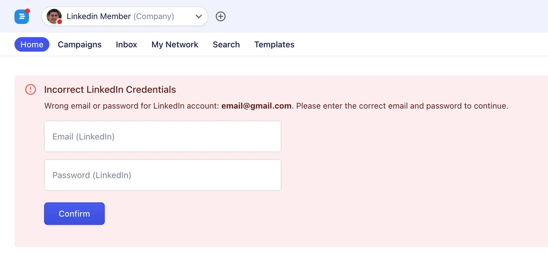 Incorrect LinkedIn credentials banner with email and password fields