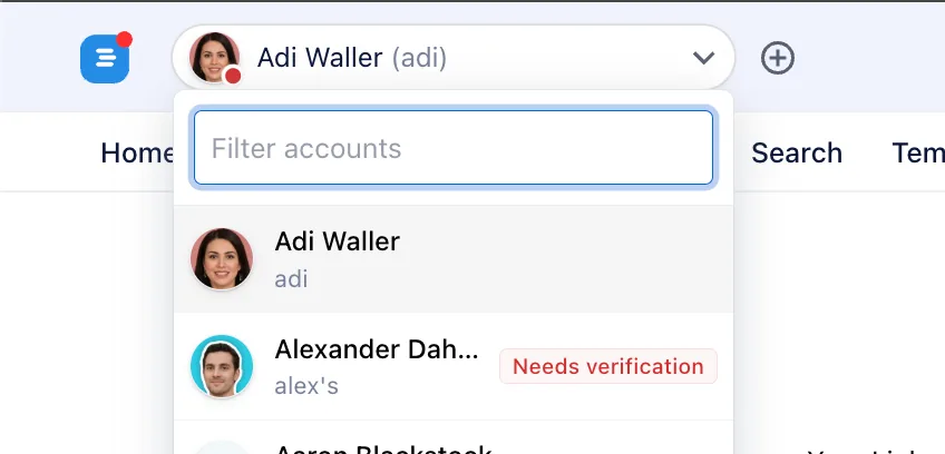 Account list with a filter field and a Needs verification label
