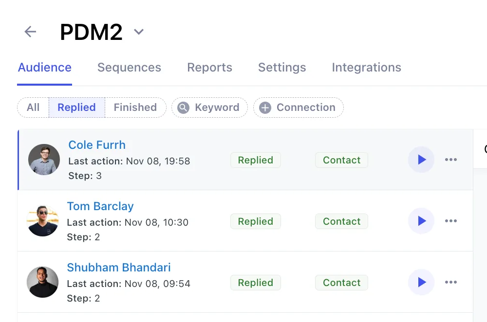 Audience tab with prospects, their last action and current step