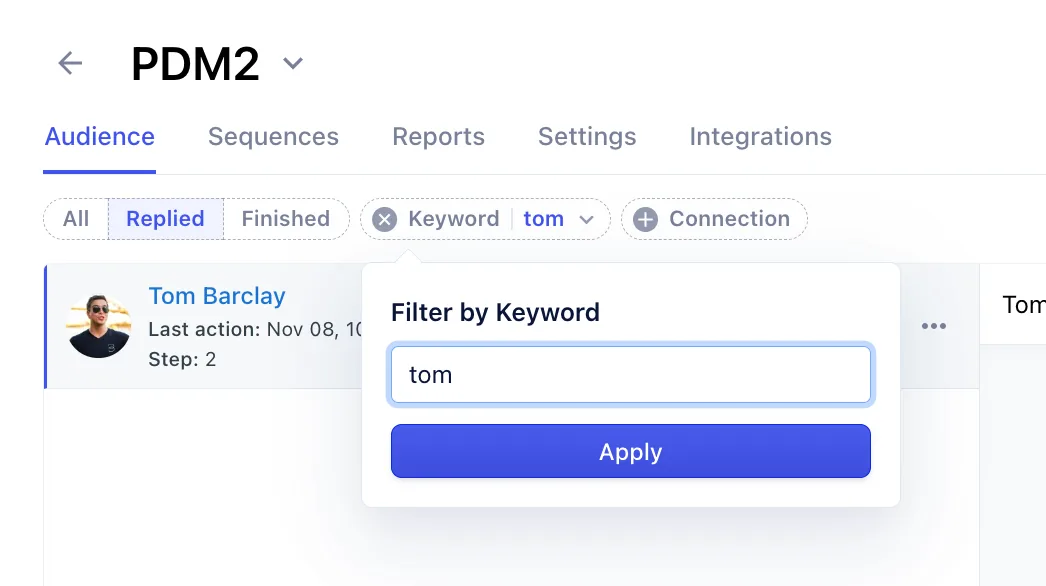 Audience tab with the Keyword filter open