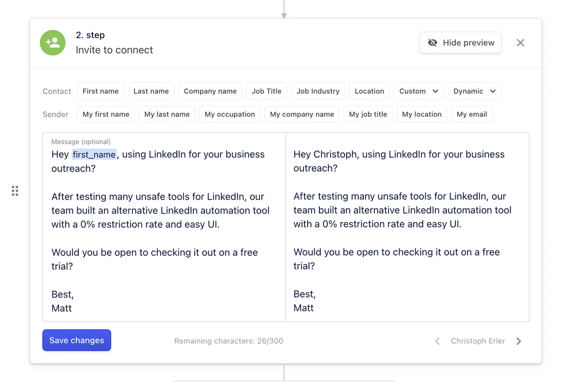 Message preview with placeholders replaced by a prospect's real details