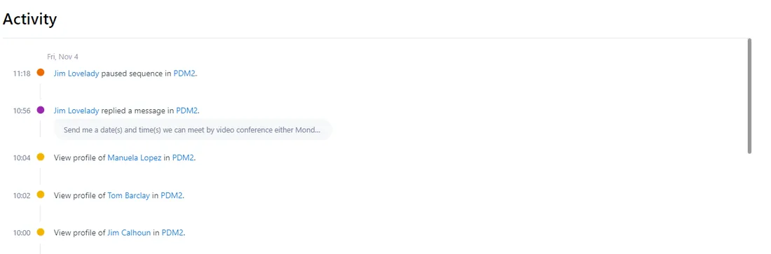 Activity feed with profile views, a reply and a paused sequence