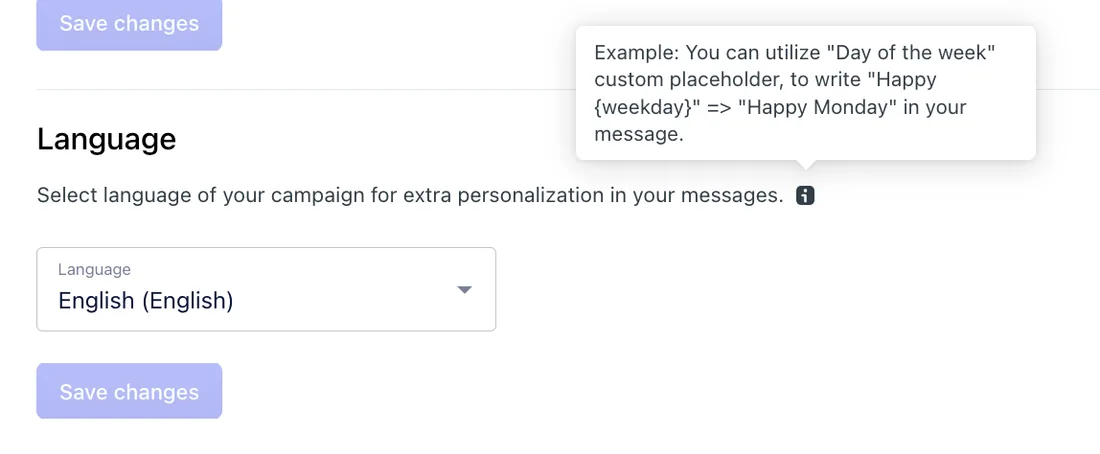 Language setting with an example for the day of the week placeholder