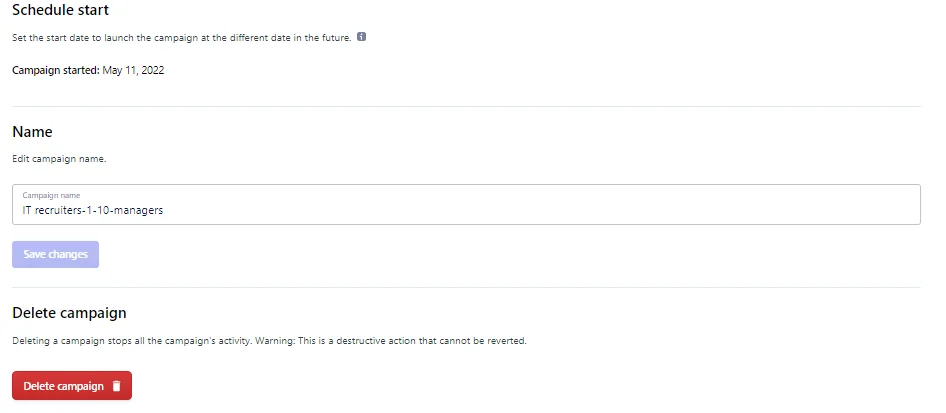 Schedule start, campaign name and Delete campaign settings