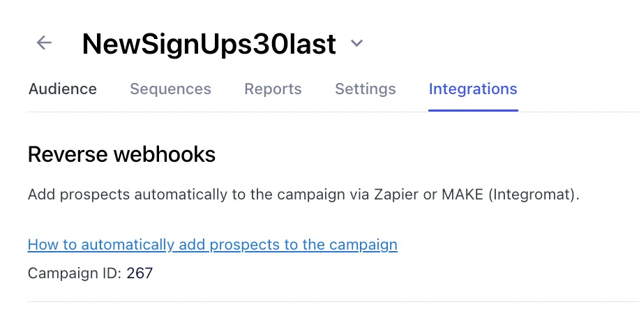 Integrations tab with reverse webhooks and the campaign ID