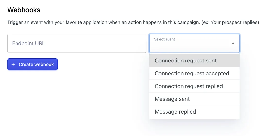 Webhook form with the endpoint URL and event list