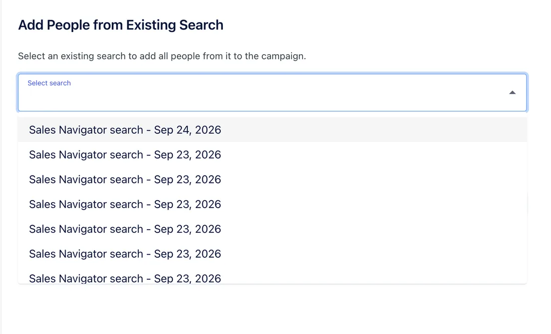 Add People from Existing Search with the Select search dropdown open