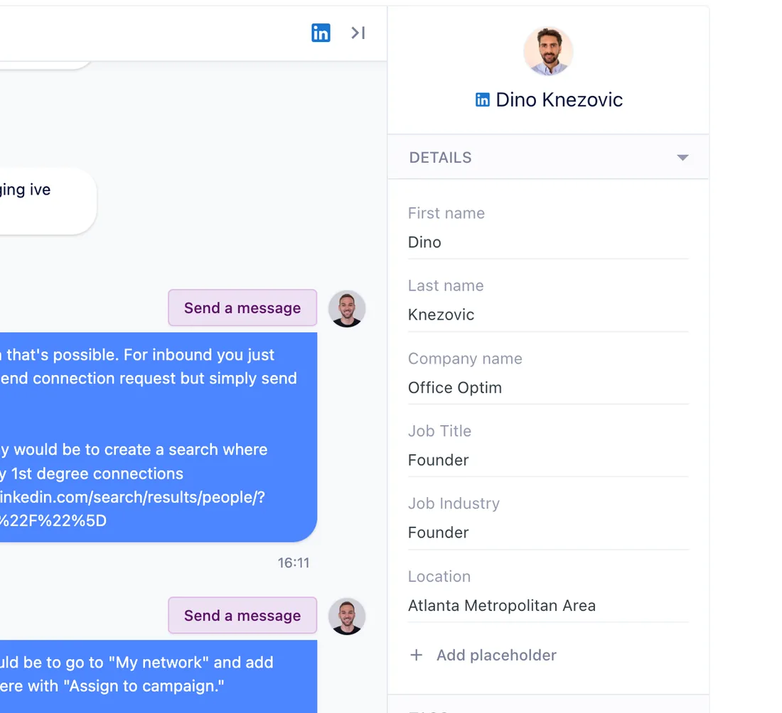 Prospect details panel in the inbox