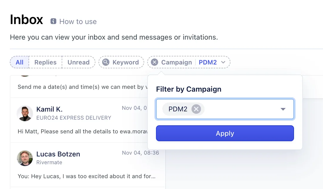 Inbox filtered by campaign