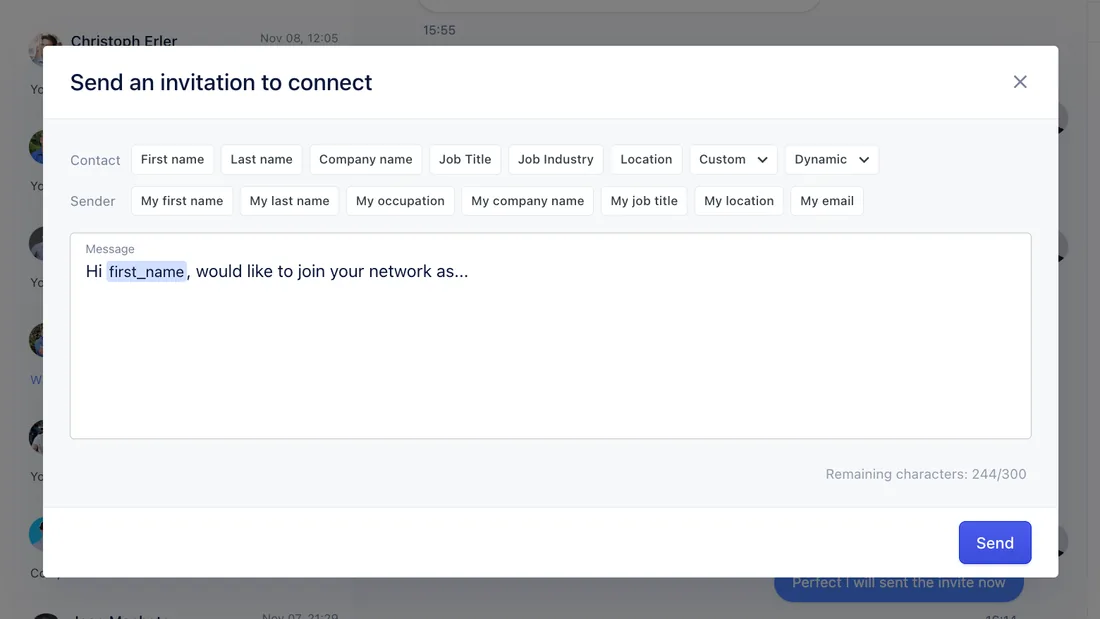 Send an invitation to connect dialog with placeholders