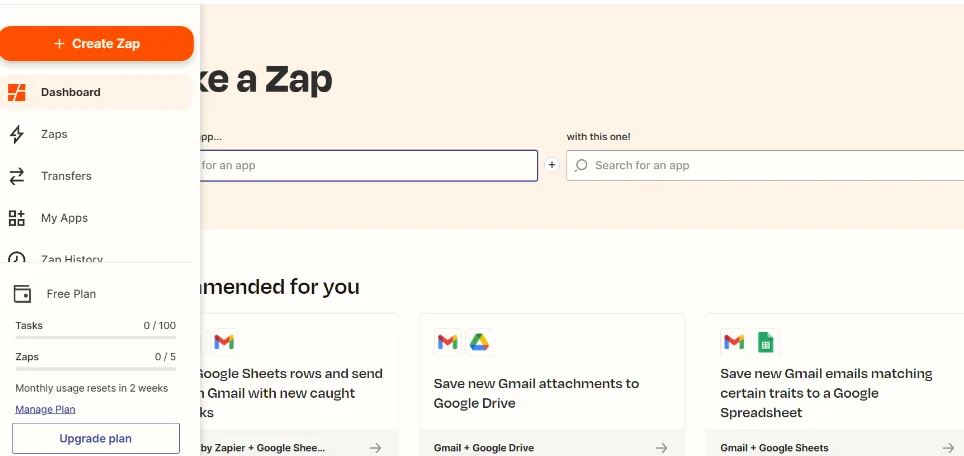 Zapier dashboard with the Create zap button
