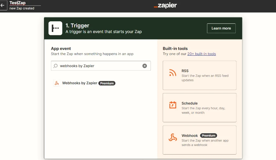 Zapier trigger step with Webhooks by Zapier selected
