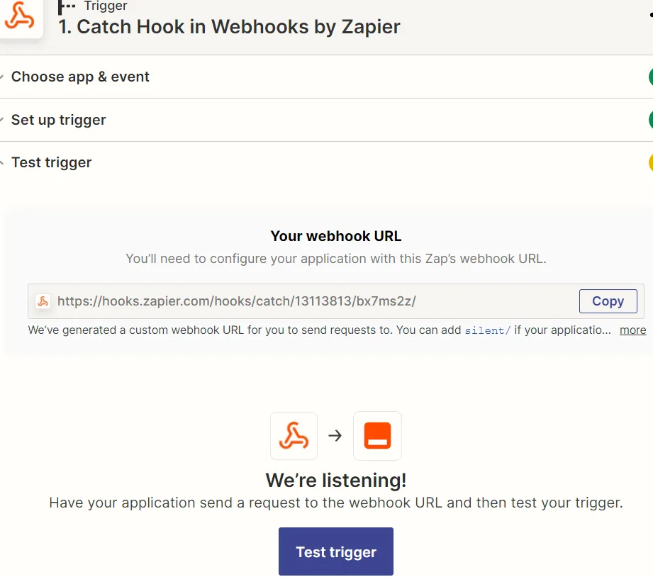 Zapier test trigger step with the webhook URL and Copy button