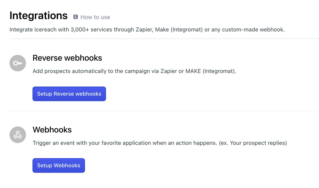 Integrations page with the Setup Reverse webhooks and Setup Webhooks buttons
