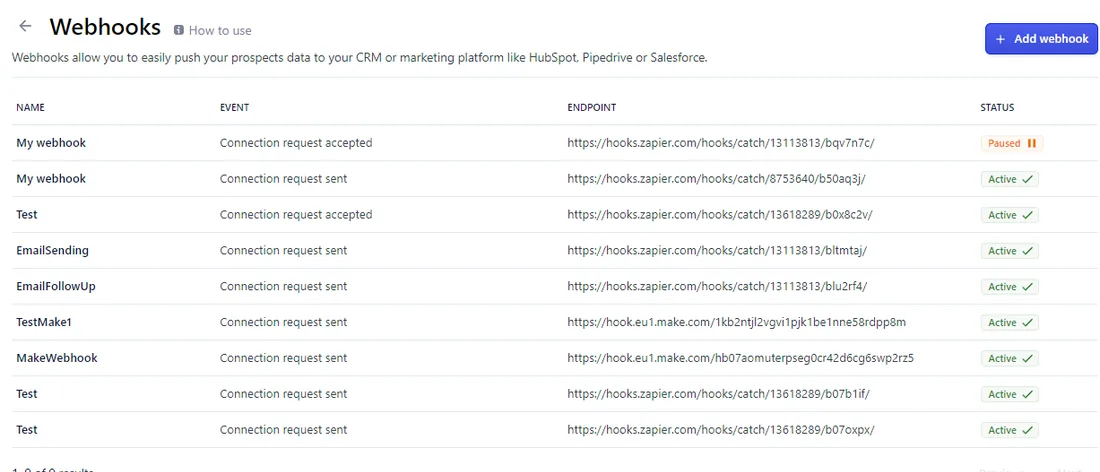 Webhooks list with the Add webhook button