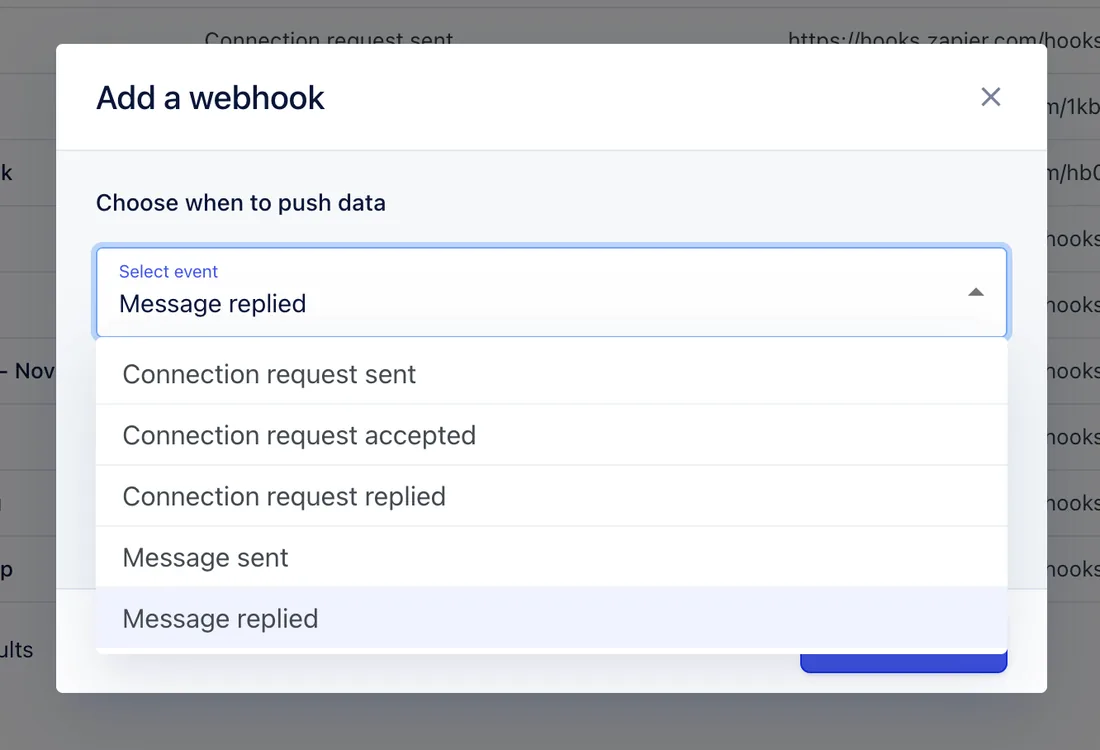 Select event dropdown listing the five webhook events