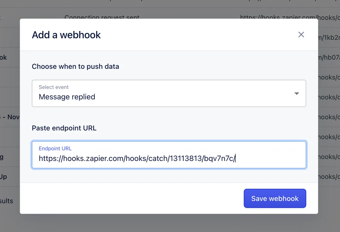 Add a webhook dialog with the Zapier hook URL pasted in