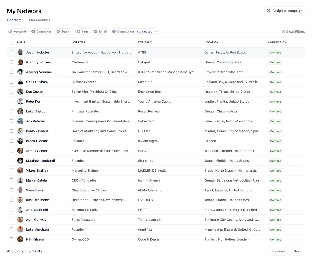 My Network Contacts list with filters