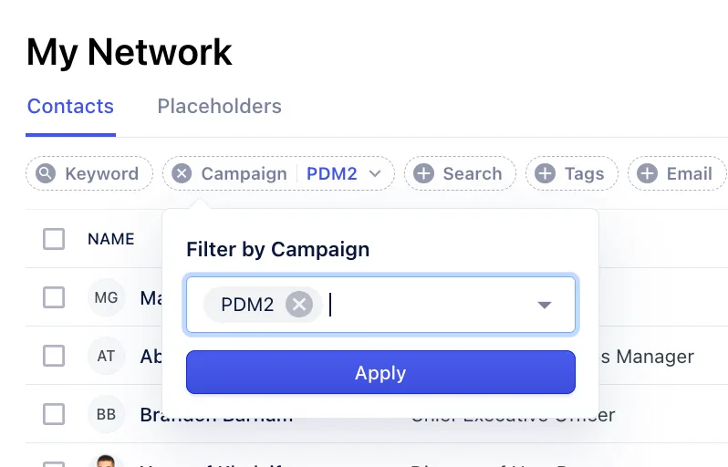 Contacts list filtered by campaign