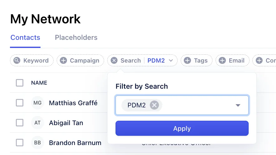 Contacts list filtered by search
