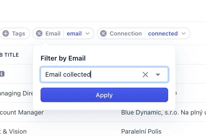 Email filter set to Email collected