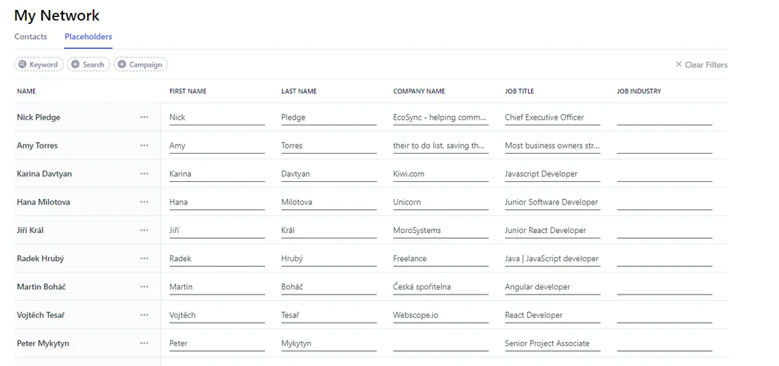 Placeholders tab with each prospect's values