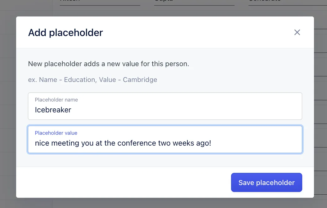 Add placeholder form with name and value