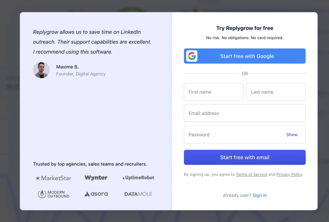 Replygrow sign-up window with Google and email options