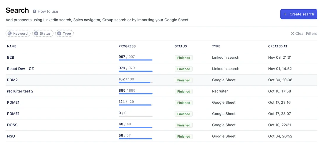 Search list with the Create search button