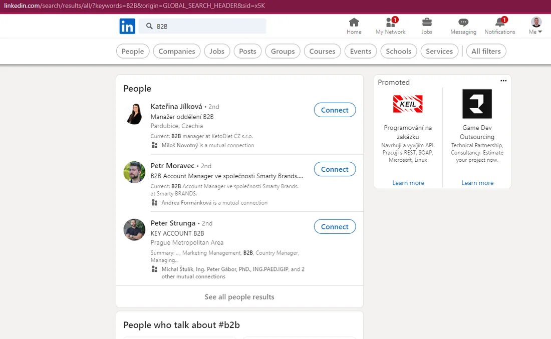 LinkedIn people search results with the URL in the address bar