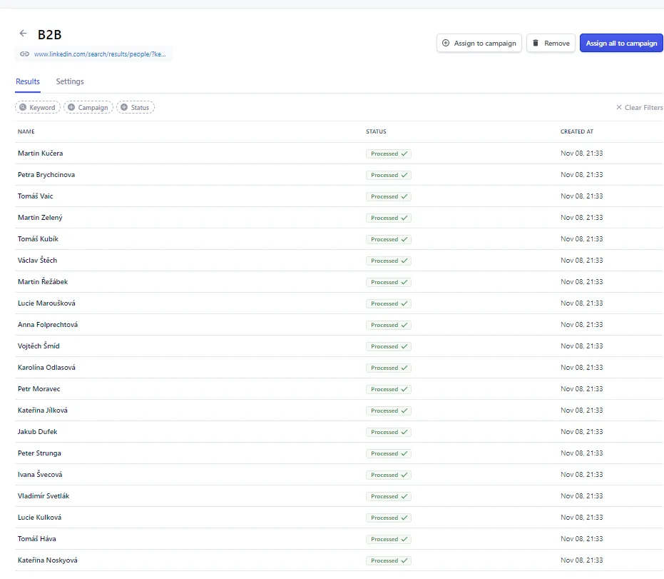Search list showing the number of people imported from a search