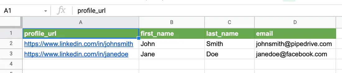 Example Google Sheet with first_name, last_name, company and profile_url columns