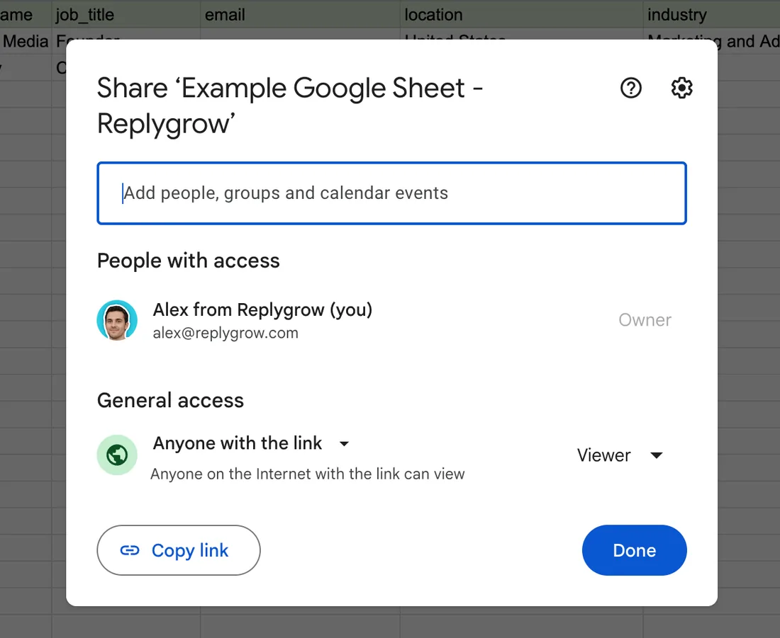 Google Sheets share dialog with link access set to Viewer