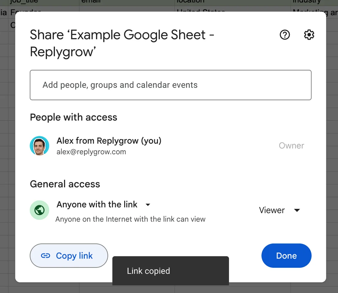 Google Sheets share dialog with the Copy link button