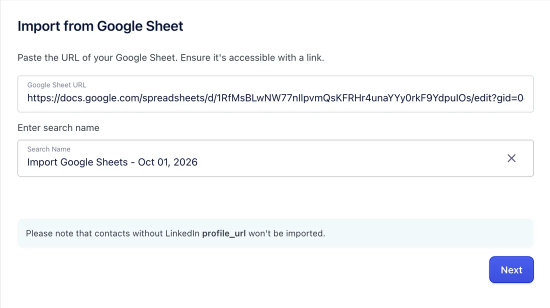 Google Sheet URL pasted with the search name filled in