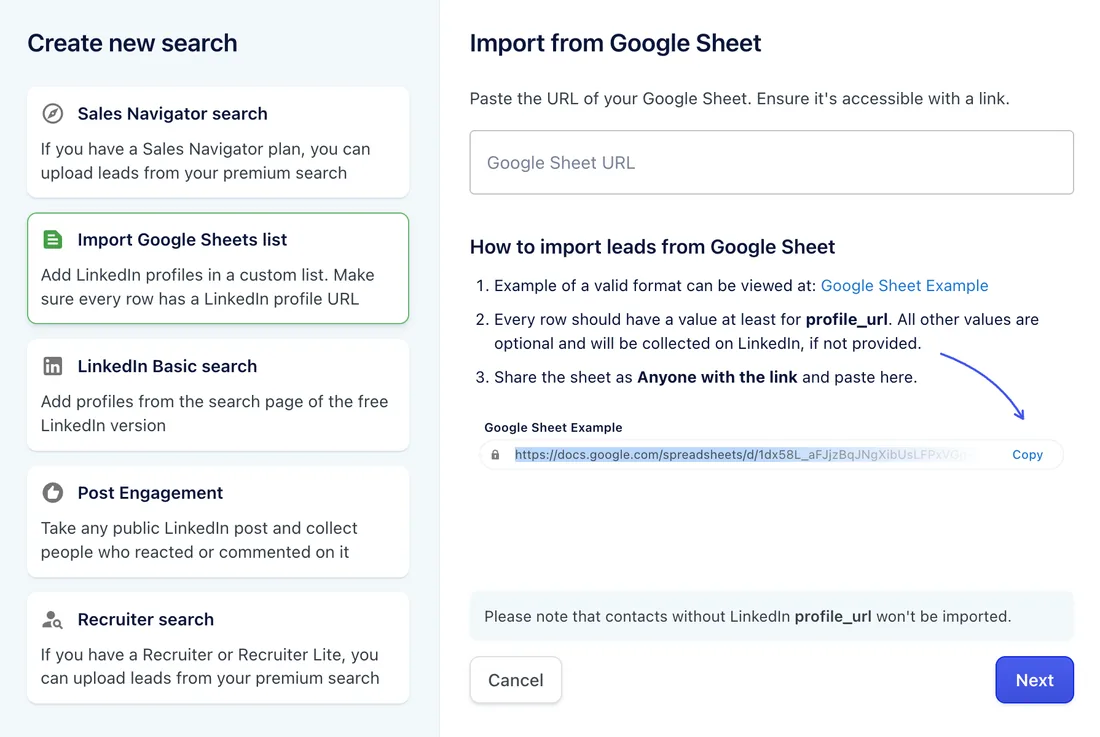 Create new search with Import Google Sheets list selected and the Google Sheet URL field