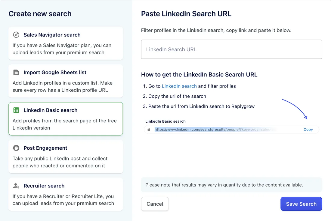 Create new search with LinkedIn Basic search selected and the LinkedIn Search URL field