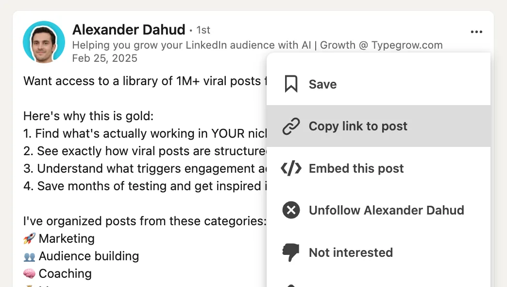 The post menu with Copy link to post highlighted