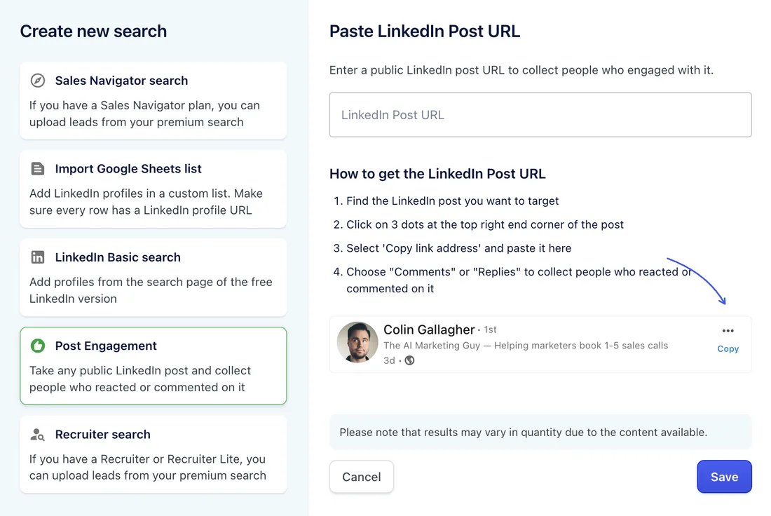Create new search with Post Engagement selected and the LinkedIn Post URL field