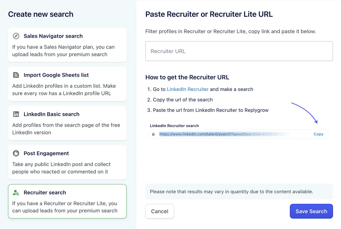Create new search with Recruiter search selected and the Recruiter URL field