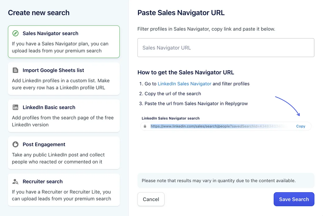 Create new search with Sales Navigator search selected and the Sales Navigator URL field