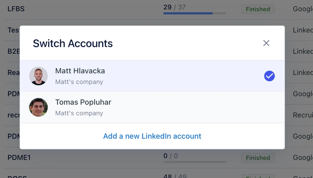 Account switcher in the Replygrow app