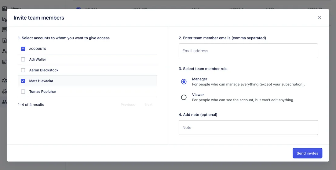 Account selection list in the invite form